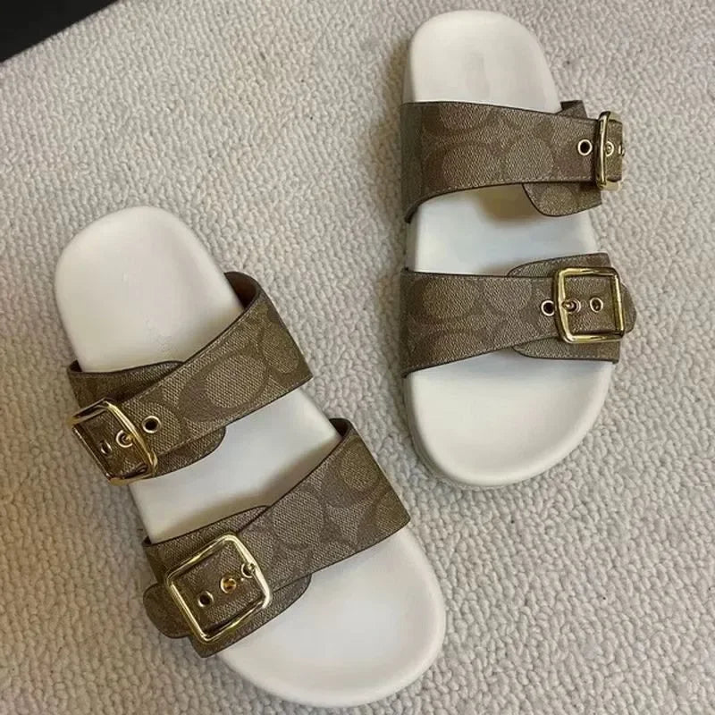 Women's Double Buckle Platform Sandals with Logo Print - Image 4