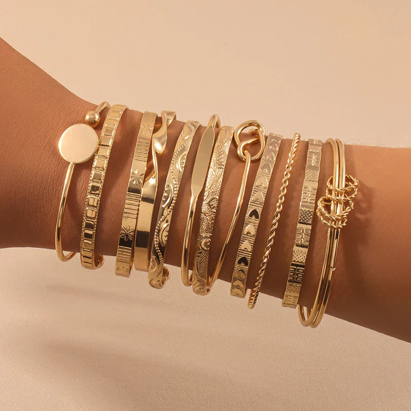 12 Pcs/Set Trendy Multilayer Open Bangles Set for Women Punk Gold Color Geometric Delicate Twist Bracelets Wedding Jewelry Gifts