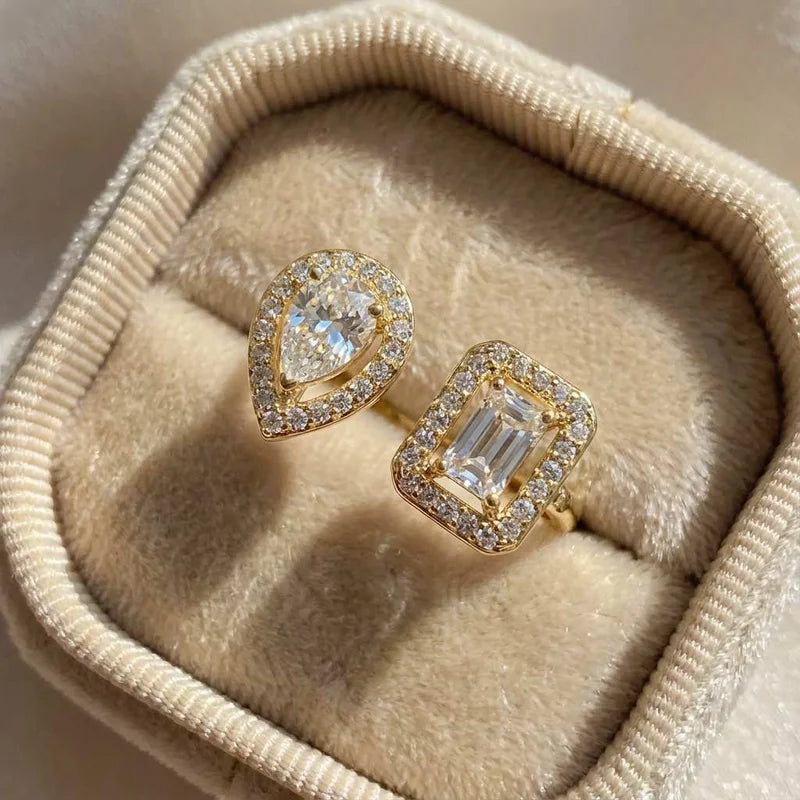 925 Sterling Silver Sparkling Zircon Water Drop Square Geometry Adjustable Rings for Women Gift Party High Quality Fine Jewelry