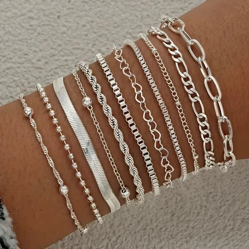 13Pcs/Set Stainless Steel Bracelet for Women, Silver Gold Color Multi Style Combination Chain, Waterproof Exquisite Jewelry Gift