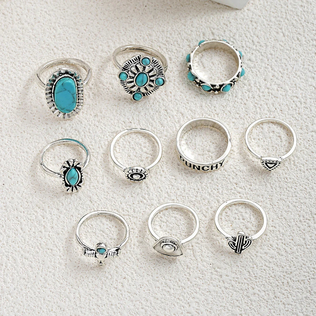 10pcs Trendy Western Style Rings Set for Women Men Vintage Turquoise Bull Head Lotus Sun Design Ring Daily Outfits Jewelry Gifts