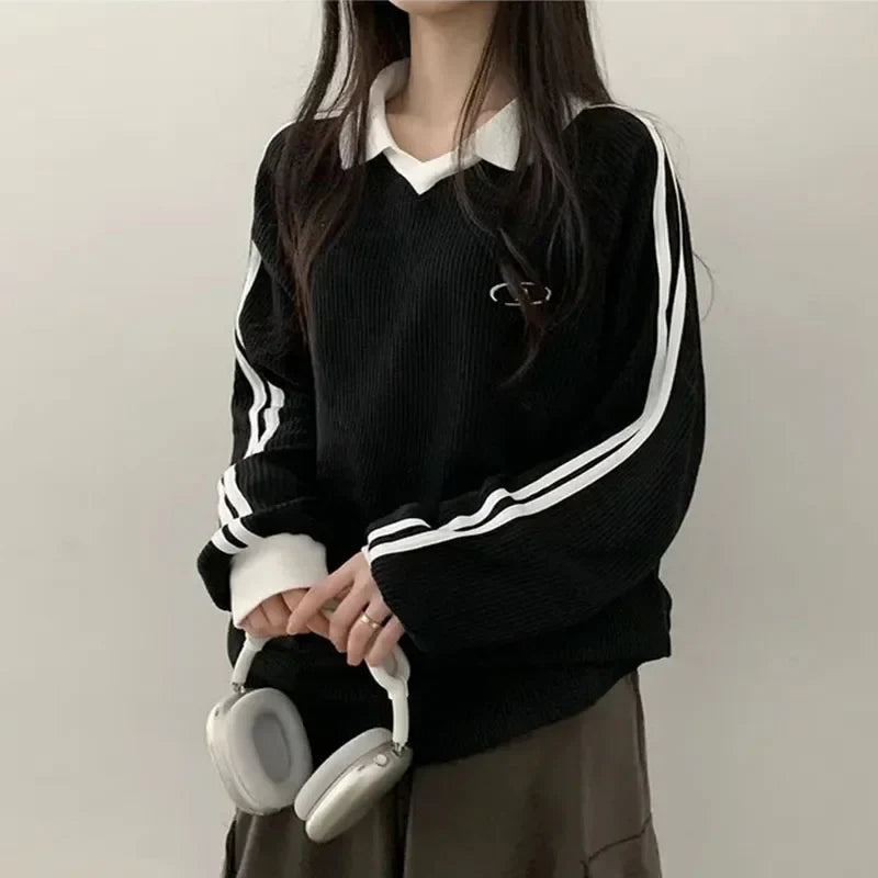 Women Long Sleeve Polo Pullover Sweater Striped Casual Top - Image 2