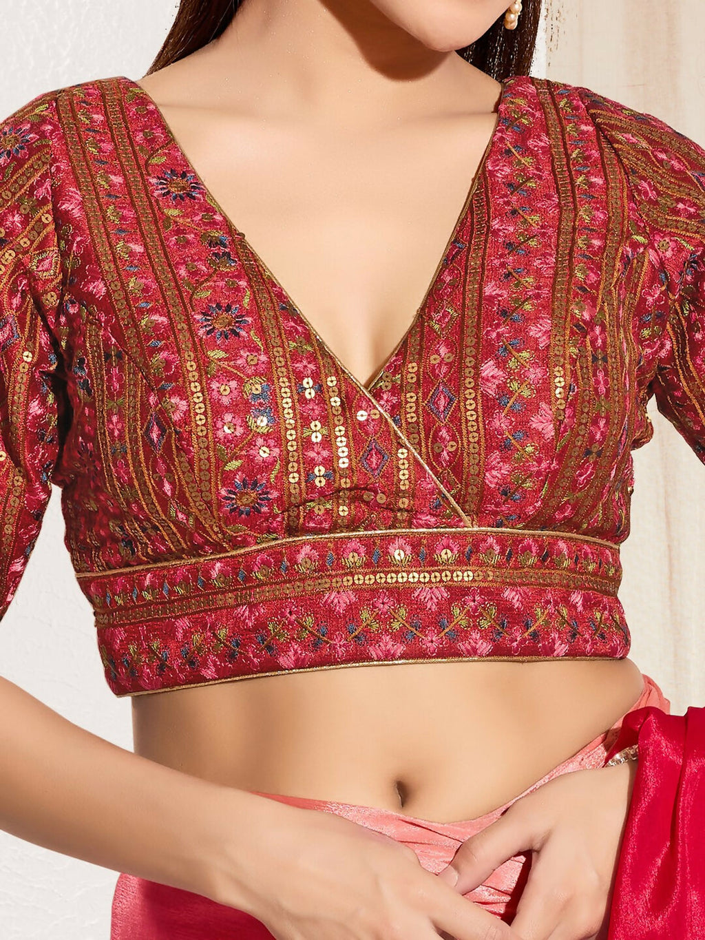 Joban Fashion Maroon Mulberry Silk Padded Blouse With V Neck Elbow Sleeves