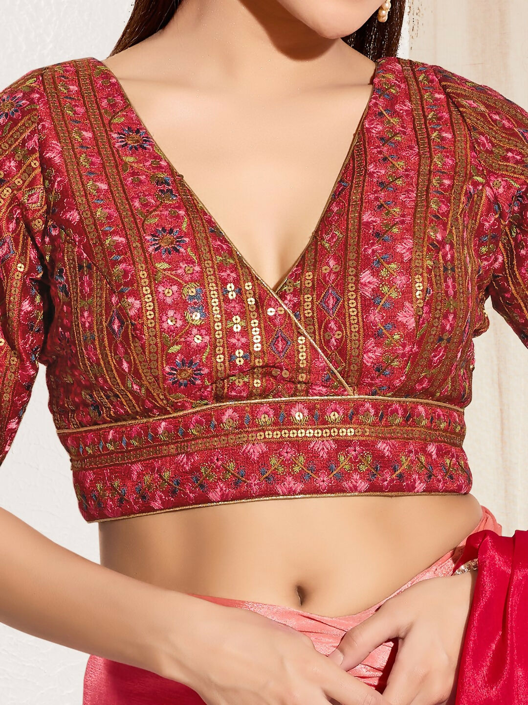 Joban Fashion Maroon Mulberry Silk Padded Blouse With V Neck Elbow Sleeves