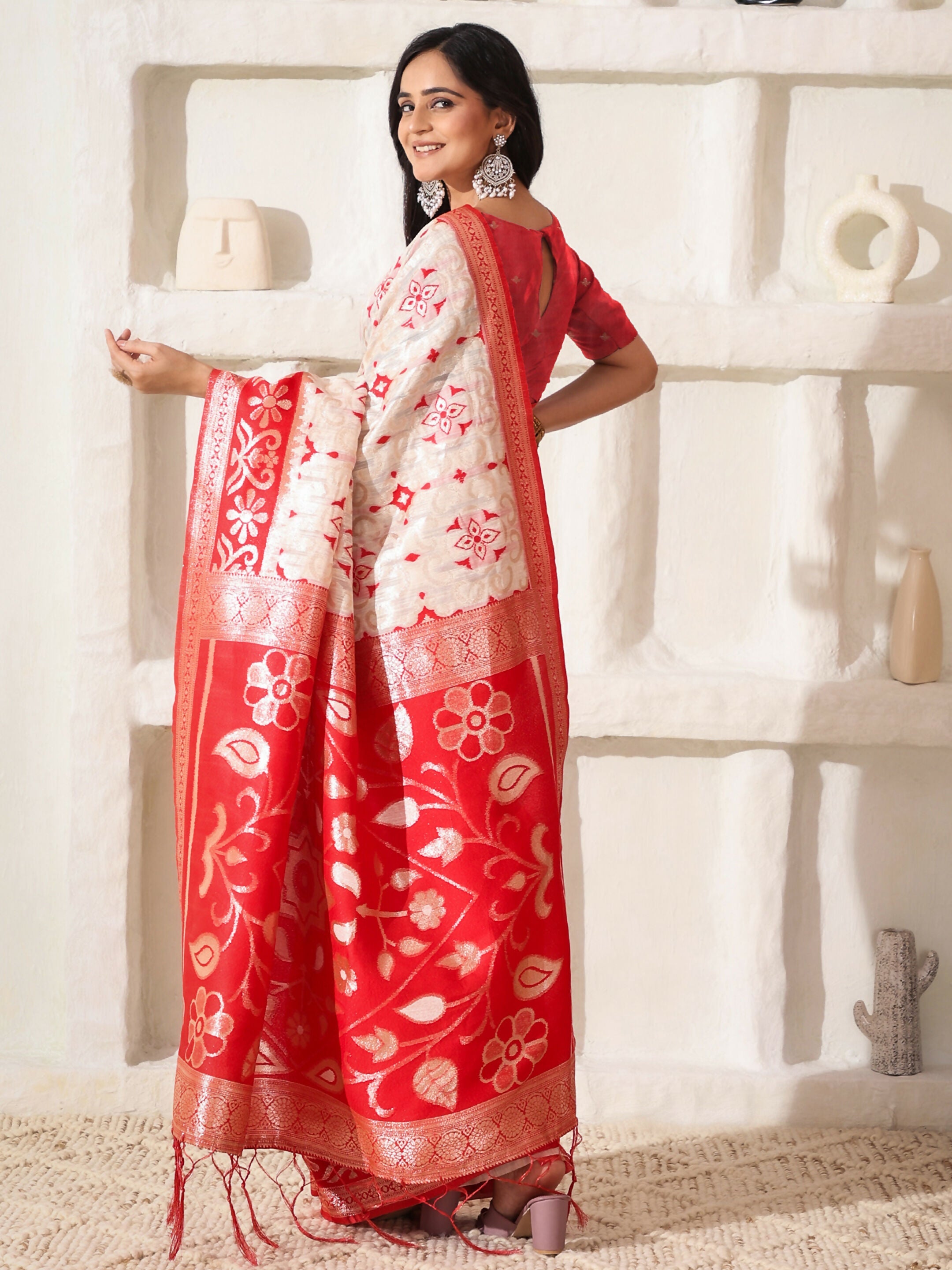Linen Cotton Red and White Saree with Matching Blouse