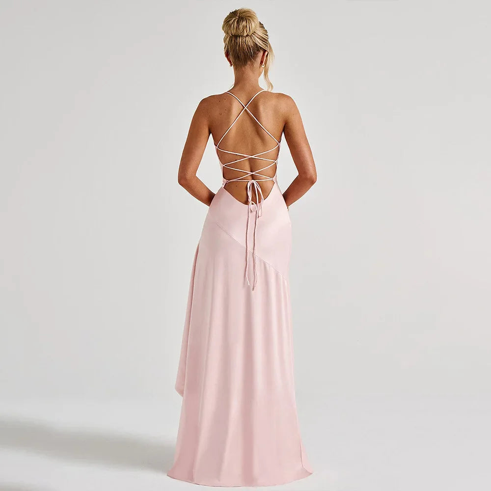 elegant satin long skirt personality suspender ruffle high slit dress club clothing