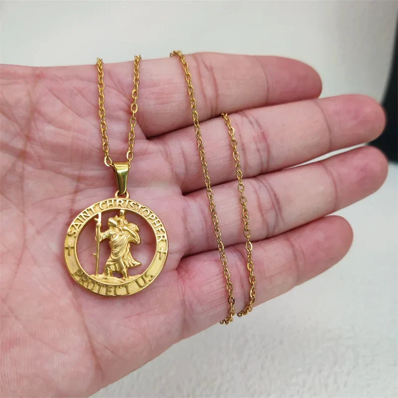 Hot Sale Religious 18K Gold Plated St.Christopher Necklace Stainless Steel Pendant Necklace For Men Women Jewelry Gift