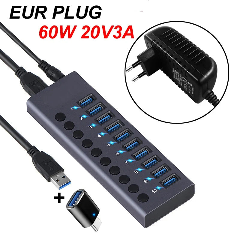 10-Port USB 3.0 Hub, 5Gbps Data Transfer Docking Station with 60W Power