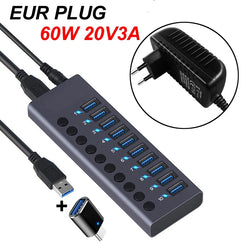 10-Port USB 3.0 Hub, 5Gbps Data Transfer Docking Station with 60W Power