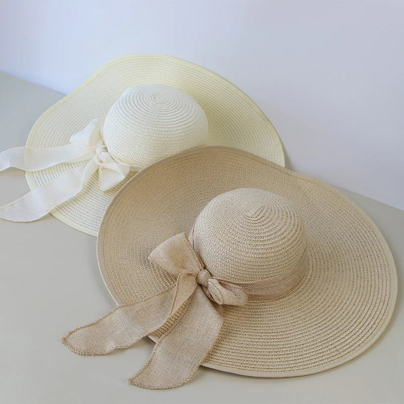 Women’s Wide Brim Summer Straw Hat with Elegant Bowknot Detail