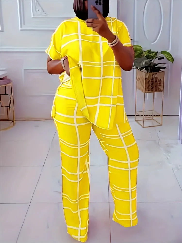 Women's Striped Grid Print Casual Two Piece Short Sleeve Set - Image 6