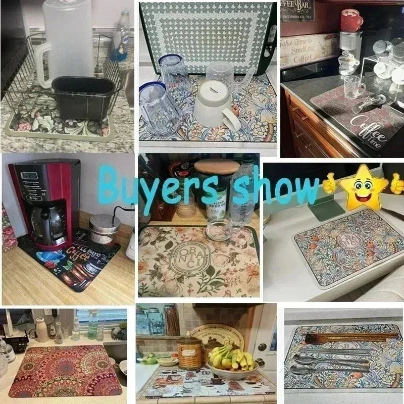 One White Floral Print Tableware Drying Mat Daily Decorative Drying Pad Countertop Absorbent Placemat Refrigerator Mat