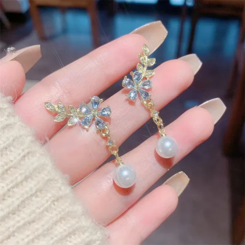 Exquisite Leaves Crystal Flower Stud Earrings For Women AAA Zircon Rose Butterfly Tassel Earring Bride Wedding Party Jewelry