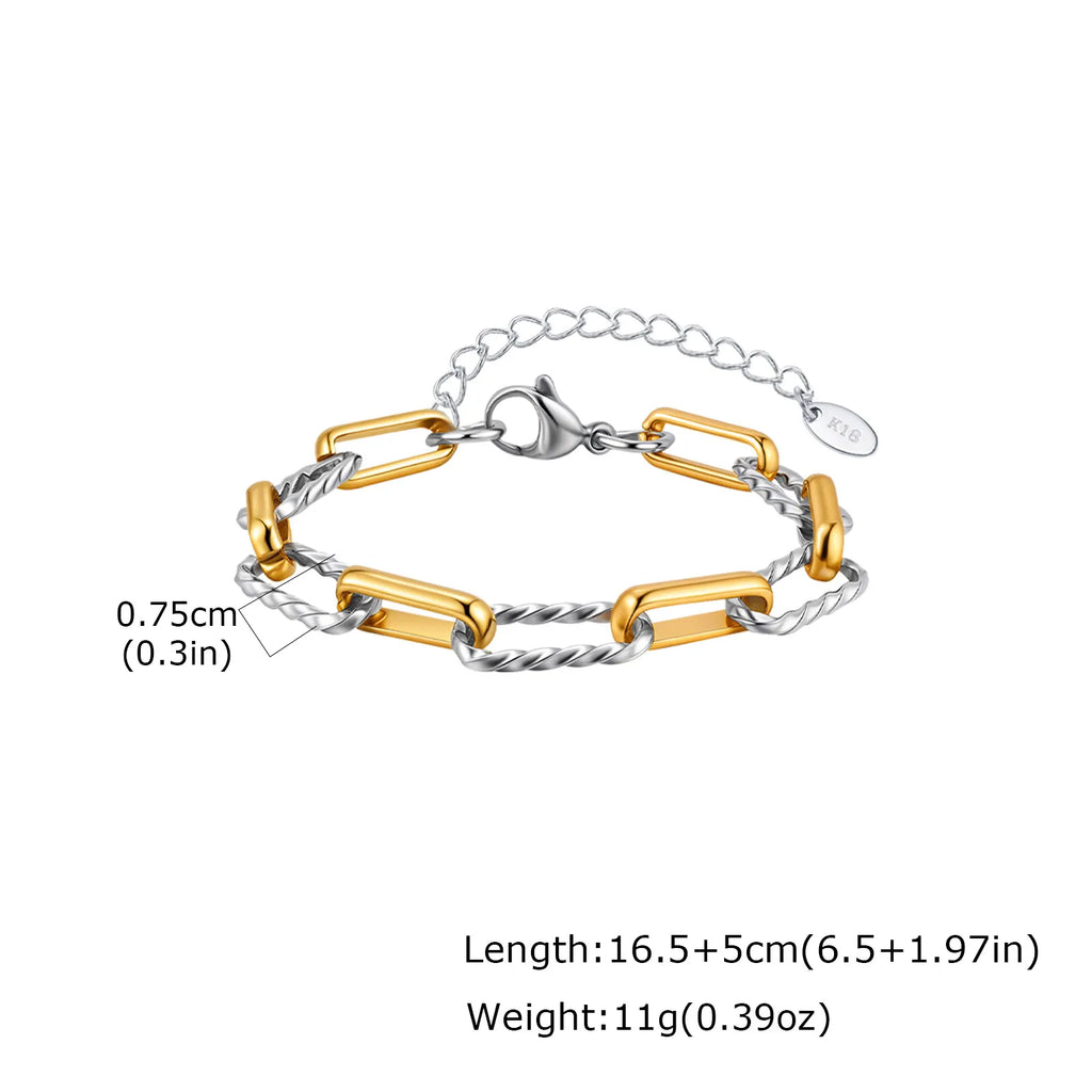 Two Tone Twist Link Paperclip Bracelet for Women, Chunky Stainless Steel Bracelet Adjustable Link, 18k Gold Plated Jewelry