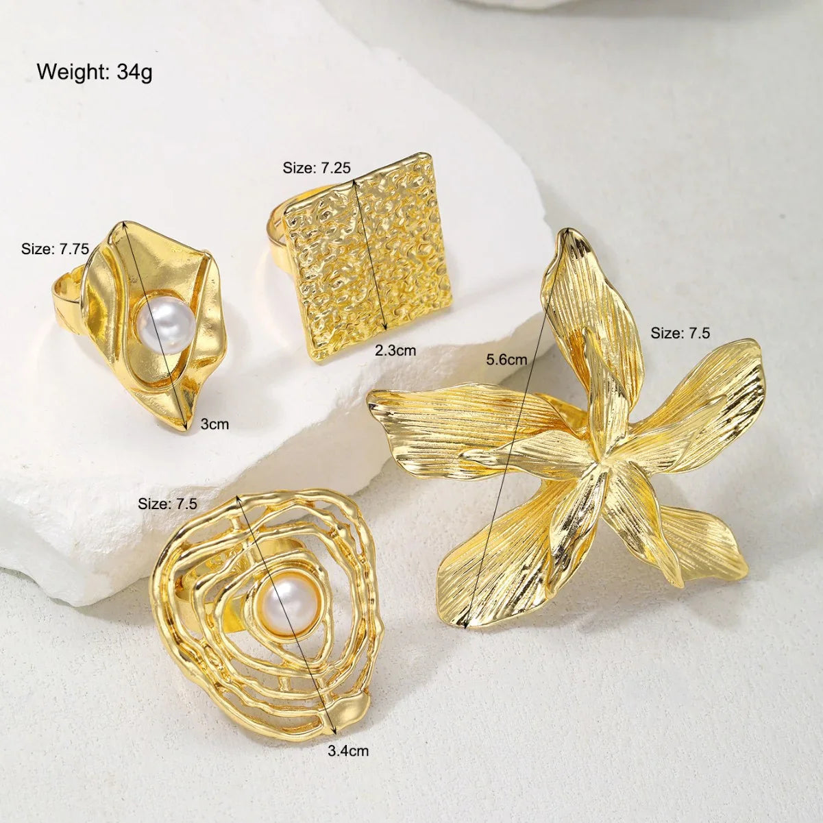 4 Pcs Exaggerated Gold Color Ring Set for Women 2025 Personality Metal Punk Party Big Flower Finger Ring Jewelry Accessories