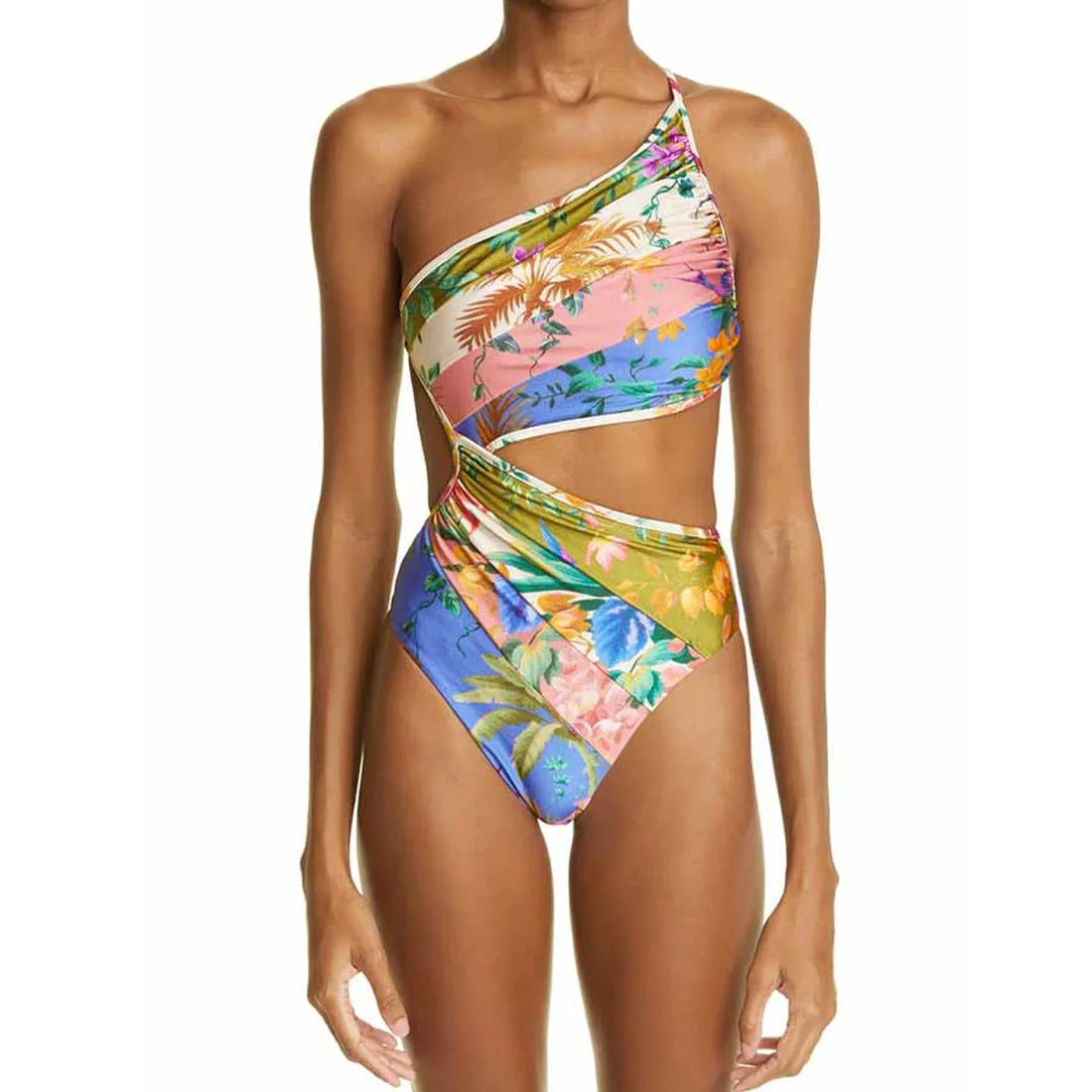 Zina One-Piece Swimsuit Tropical Print One-Shoulder Cutout - Image 4