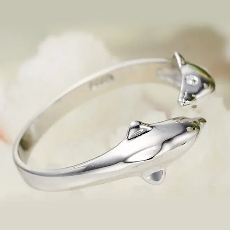 925 Sterling Silver Jewelry Open Happy Double Dolphin Love Rings For Women Party Gift Adjustable Ring Anillos Bague
