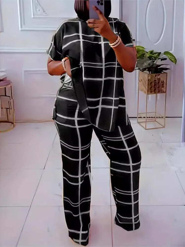 Women's Striped Grid Print Casual Two Piece Short Sleeve Set - Image 4