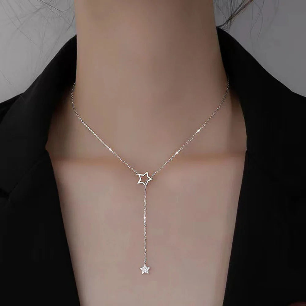 Christmas Gift 925 Sterling Silver Cute Shiny Star Choker Drop Charm Necklaces Charming Woman Wedding Party Birthday Jewelry