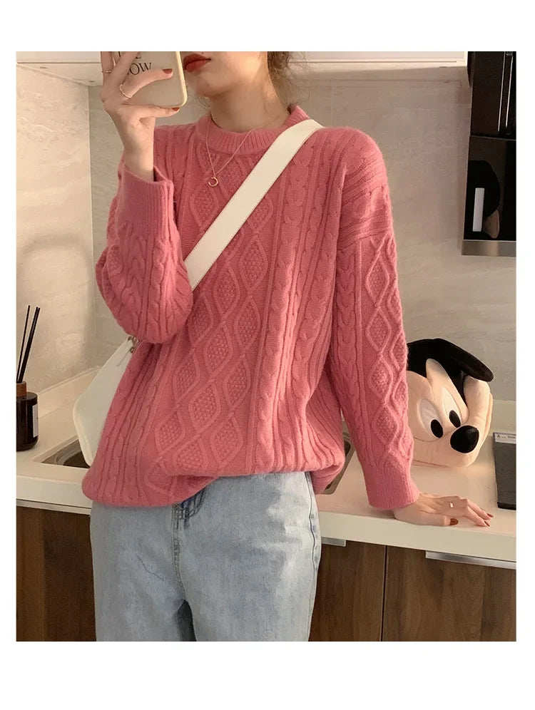 Women's Pink Cable Knit Crew Neck Long Sleeve Sweater - Image 18