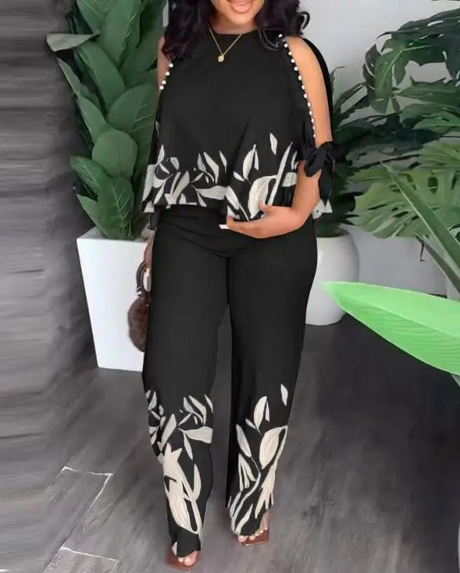 Women Two Piece Set Cold Shoulder Top and Straight Leg Pants - Image 7