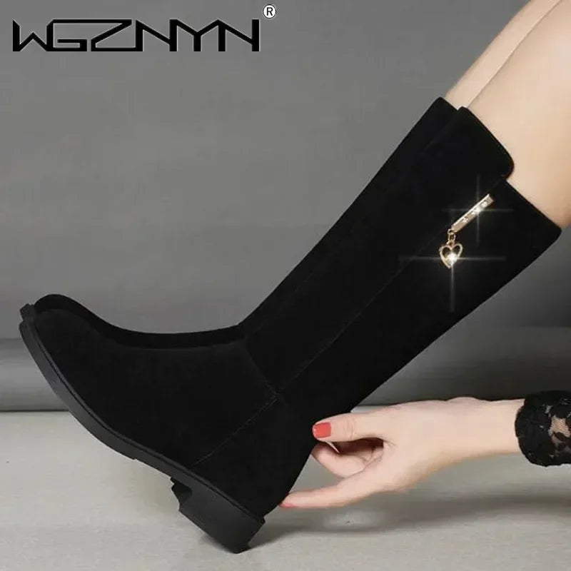 Women's Mid-Calf Suede Boots with Heart Zipper Detail - Image 4