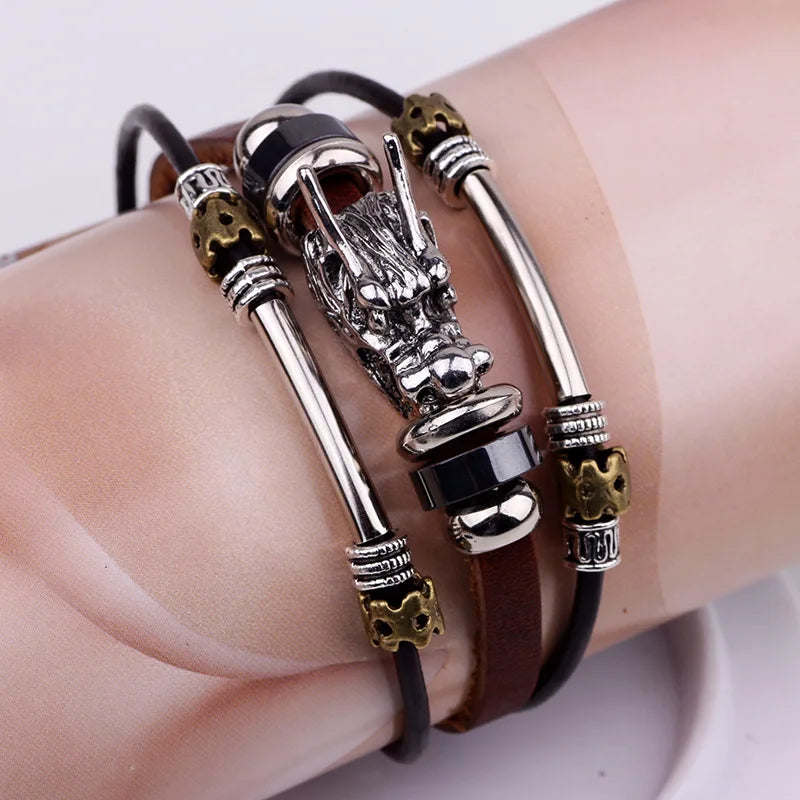 Trend Personalized Jewelry Handmade Leather Dragon Bracelet Men Vintage Multilayer Bracelets Bangles Cuff Bracelet Pulsera