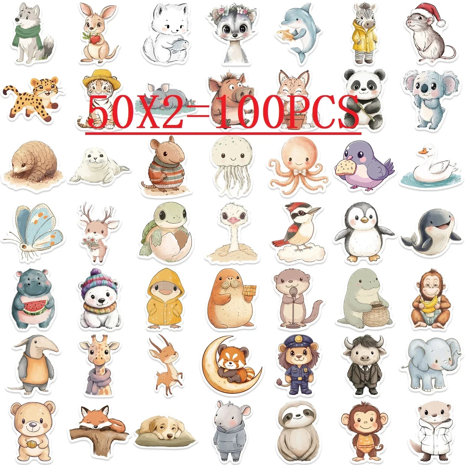 50/100PCS Cartoon Healing Animal Graffiti Stationery Notebook Stickers Decorative Guitar Luggage DIY Waterproof Stickers