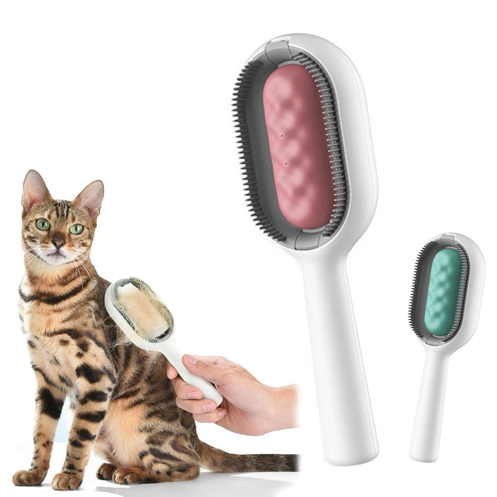 Petgravity minimalist pet grooming brush with integrated 20ml water tank in white, pink, and mint-green.
