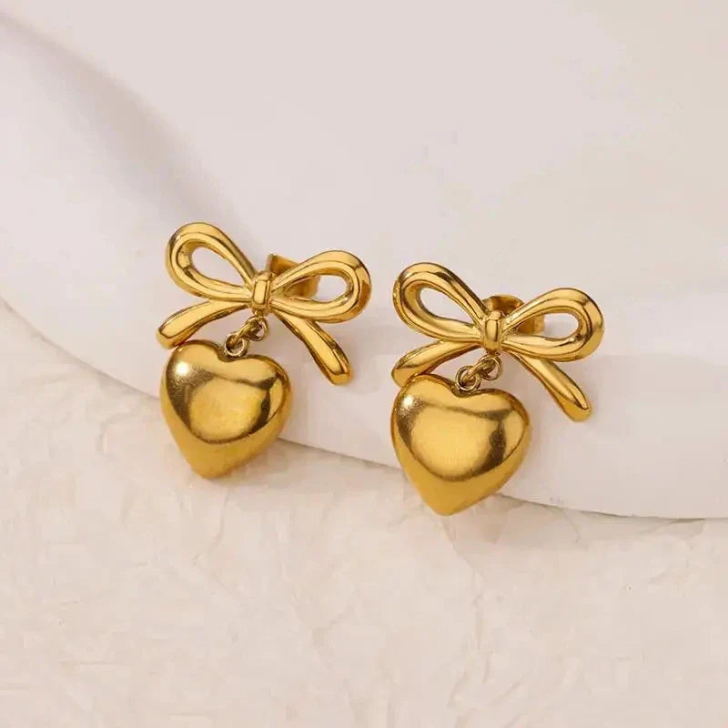 Cute Bow Heart Earrings for Women Stainless Steel Gold Color Heart Stud Earrings 2024 Trend Piercing Jewelry Wedding Party Gift