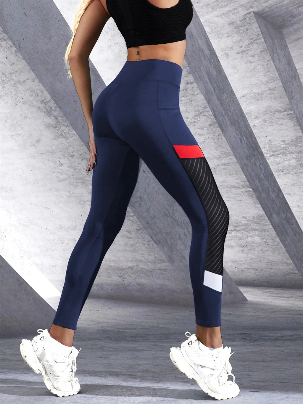 Colorblocked Mesh High-Waist Yoga Leggings with Side Pockets