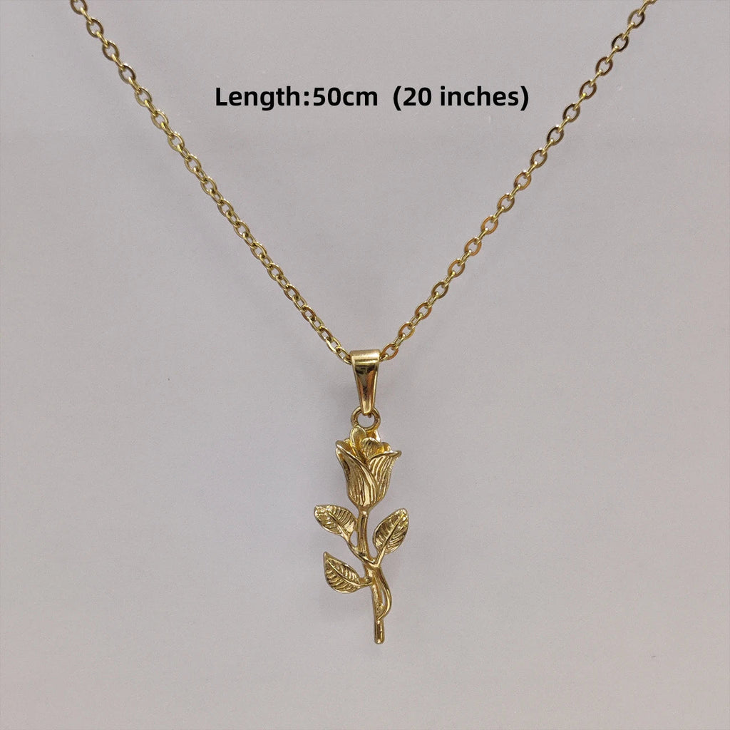 New Gold Plated Rose Flower Pendant Necklace Simple Vintage Clavicle Chain Stainless Steel Necklace for Men Women Jewelry Gifts