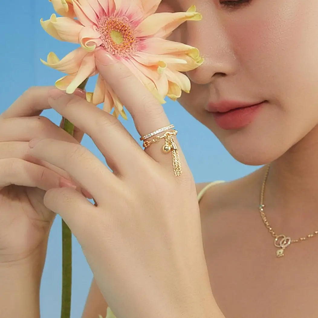 Luxury Double Layer Zircon Rings for Women Punk Metal Ball Tassel Link Chain Opening Ring 2023 New Trend Couple Wedding Jewelry