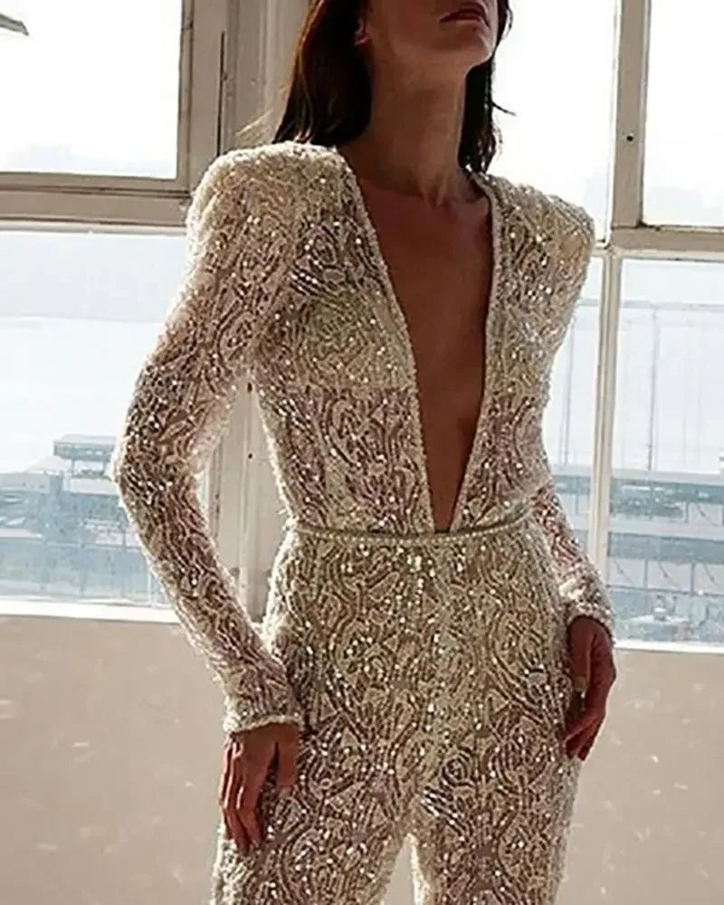 Sexy V-neck Long Sleeve Jumpsuit Spraying Design