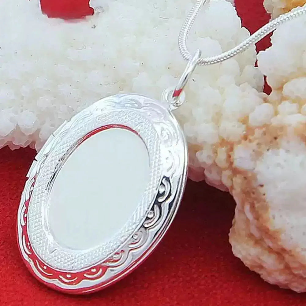 925 Sterling Silver Oval Round Photo Frame Pendant Necklace 18/20-28/30 Inch Snake Chain For Woman Man Wedding Jewelry