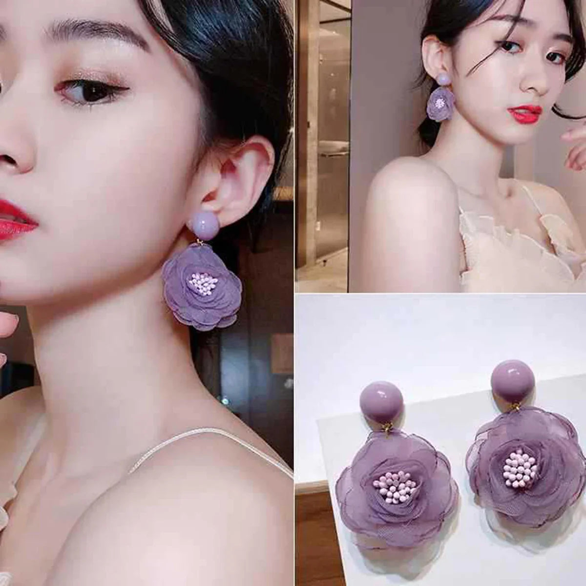 Needle Soft Snowflake Lace Flower Girl Soft Purple Milk Fruit Green Flower Dewdrop Earrings Ear Clips Fresh Sweet Style Ear Stud