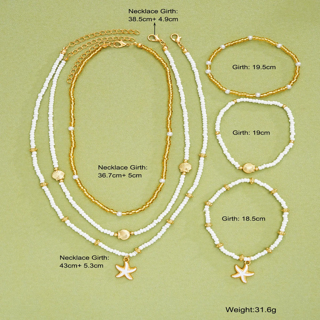 6Pcs/Set Rice Beaded Shell Starfish Pendant Necklace Bracelets Bohemian Elegant Gold White Color Jewelry Set Holiday Accessories