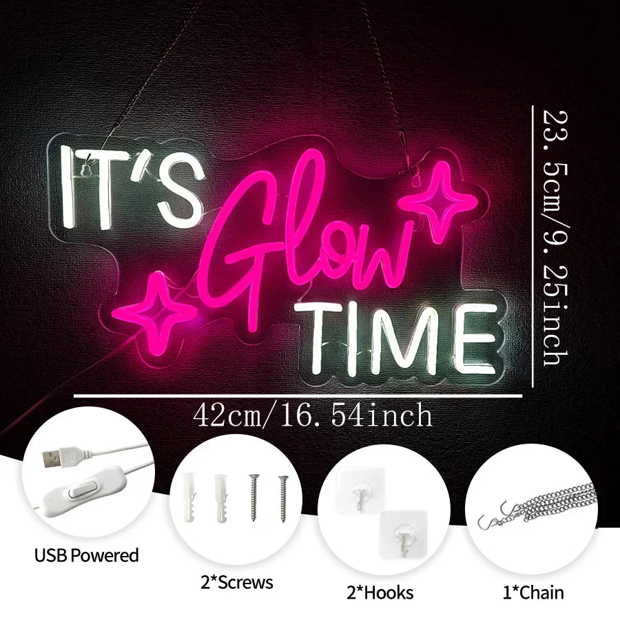 It'S Glow Time Neon Sign, Pink Heart Icon Handmade Usb Powered, Used For Bachelor Party, Beauty Salons, Nail Salons Art Decor.