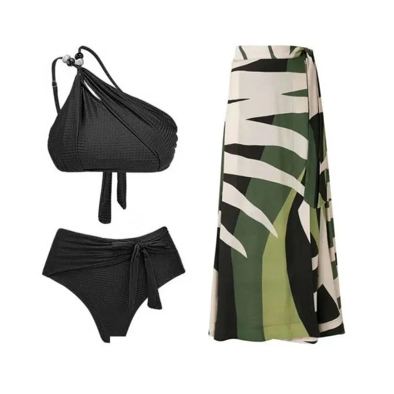 Women's Textured One-Shoulder Bikini Set with Matching Sarong - Image 2
