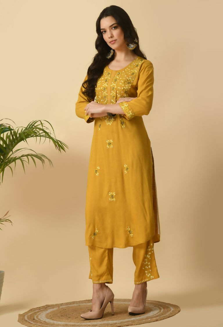 Mustard Cotton Rayon Kurta Set - Two Piece Women's Ethnic Wear