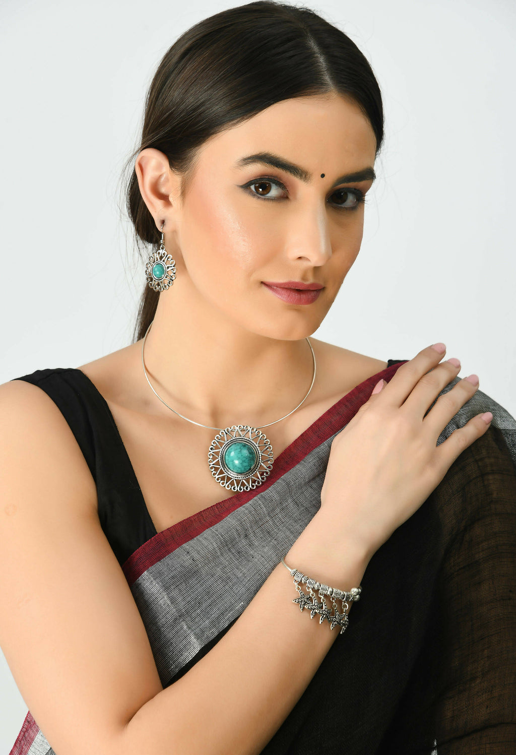 Oxidised Silver-Plated Stone Work Choker Necklace for Women
