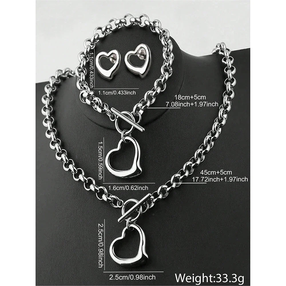 Aomogo Set INS Exquisite Love Fashion Stainless Steel Bracelet Earrings Necklace Pendant Set Women's Daily Goods Party Favors