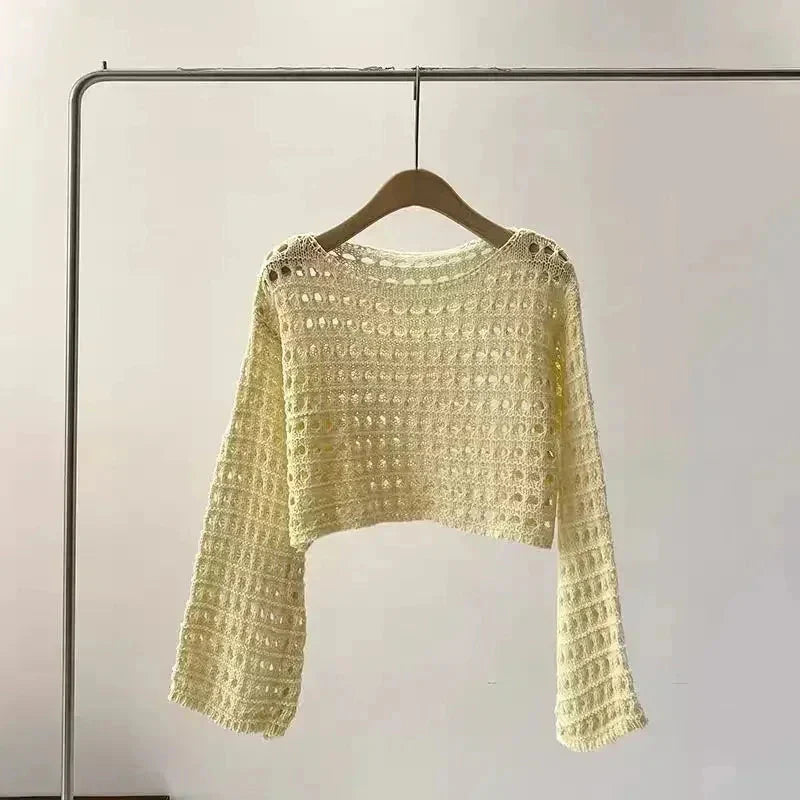 Women's Crochet Knit Long Sleeve Boho Beach Cover Up Pullover - Image 8
