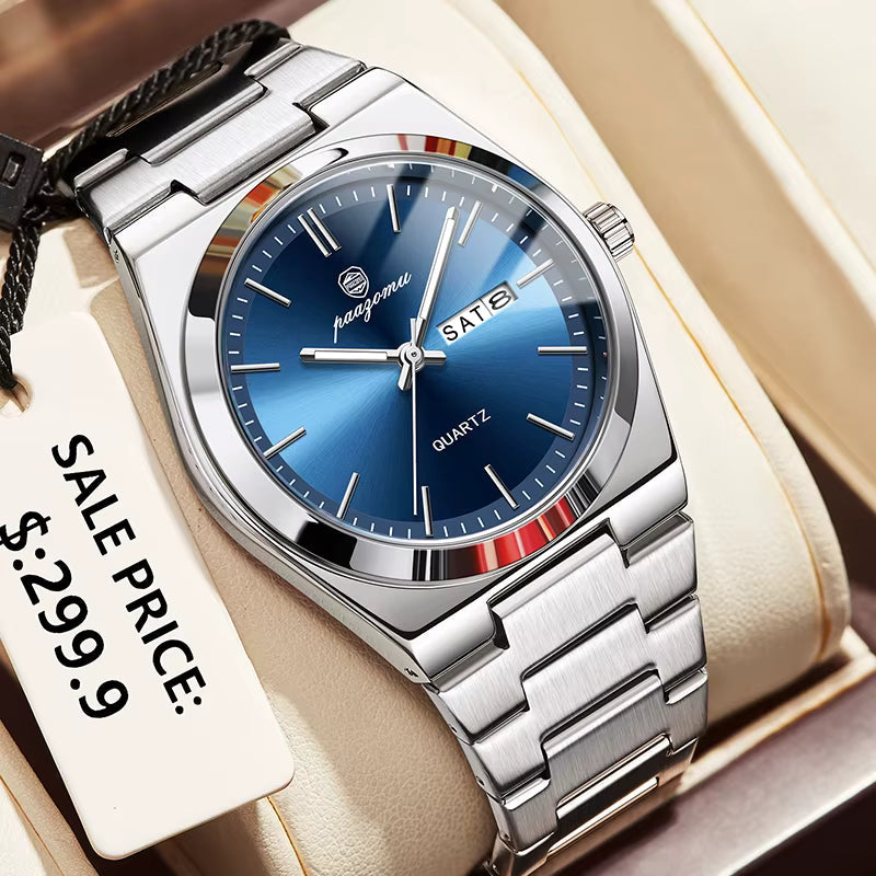 PAAZOMU Luxury Sport Quartz Man Wristwatch Waterproof Luminous Date Week Men Watches Stainless Steel Men's Watch Male Reloj+box