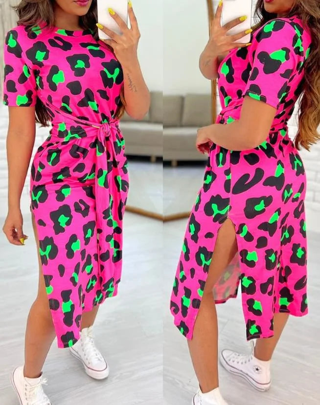 Women's Leopard Print Midi Dress with Side Slit and Tie Waist - Image 39