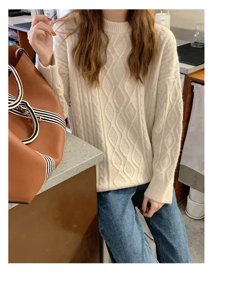 Women's Pink Cable Knit Crew Neck Long Sleeve Sweater - Image 6