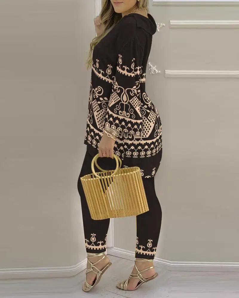 Women Printed V-Neck Long Sleeve Top and Pant Two Piece Set - Image 29