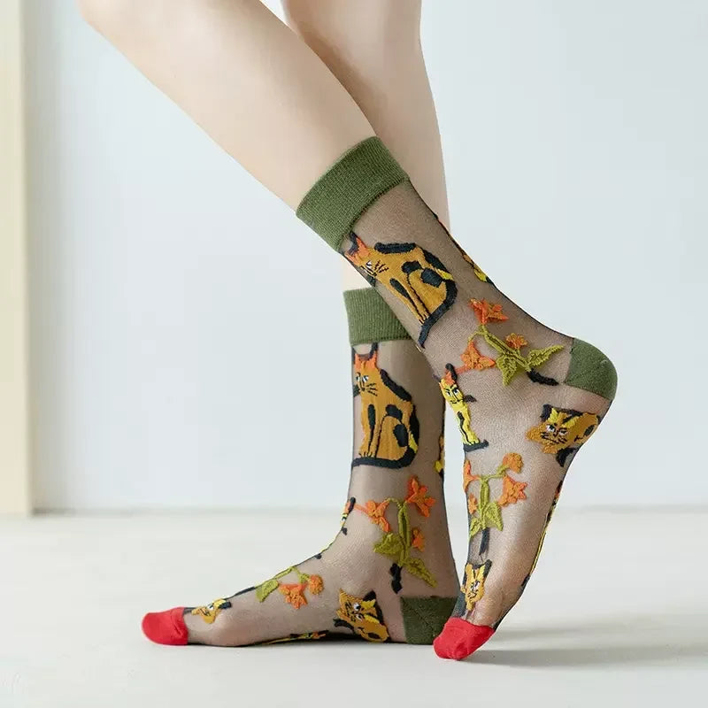 BotaniBabe Sheer Bloom Socks – Embroidered Crystal Silk Socks