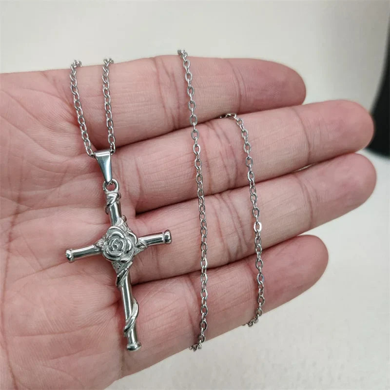 Waterproof Vintage 18k Gold Plated Stainless Steel Charm Rose Cross Pendant Necklace For Men Women Jewelry Gift