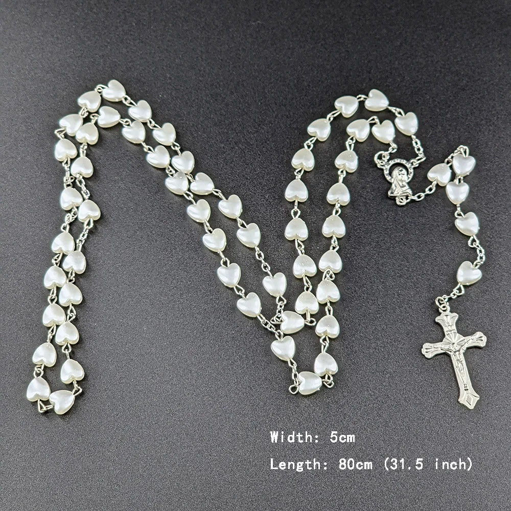 White Heart Rosary Necklace For Women Virgin Mary Cross INRI Pendant Long Chain Men Religion Prayer Party Jewelry Accessories